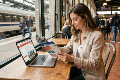 Jeune femme consultant un pass Eurorail et un site de voyage sur son ordinateur portable dans un café de gare européenne