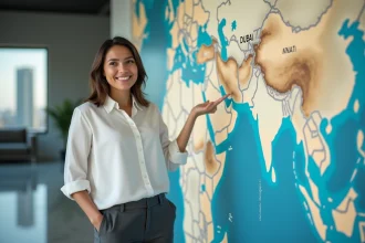 Jeune femme au Dubai devant une carte du monde