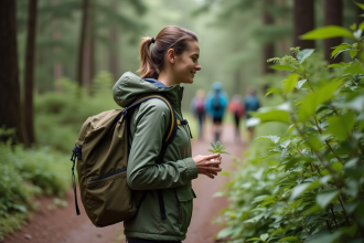 Jeune femme en nature observant une plante locale en forêt