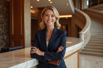 Femme élégante en tailleur navy dans un hôtel haut de gamme