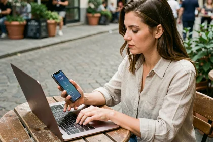 Femme utilisant une eSIM Saily sur son smartphone dans un café en terrasse sans Wi-Fi public