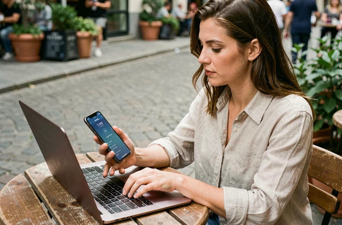Femme utilisant une eSIM Saily sur son smartphone dans un café en terrasse sans Wi-Fi public