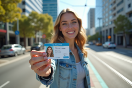 Jeune femme fran&ccedil;aise souriante avec permis en main