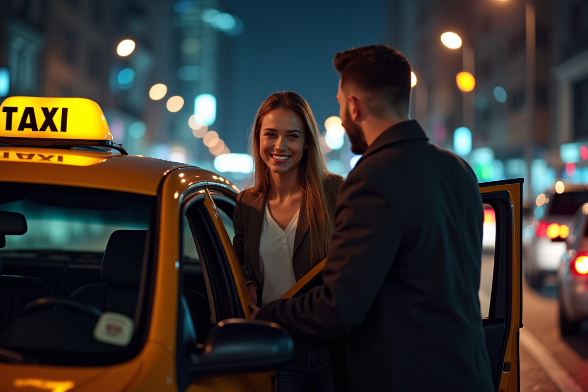 Jeune femme montant dans un taxi en ville la nuit avec le chauffeur souriant