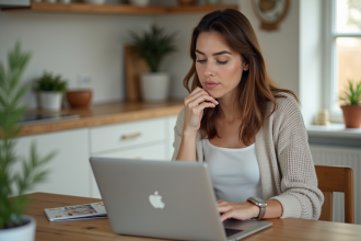 Femme détendue vérifiant une réservation Airbnb sur son ordinateur
