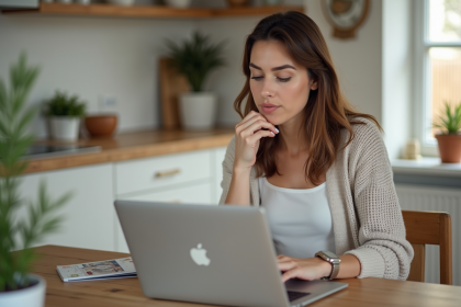 Femme détendue vérifiant une réservation Airbnb sur son ordinateur