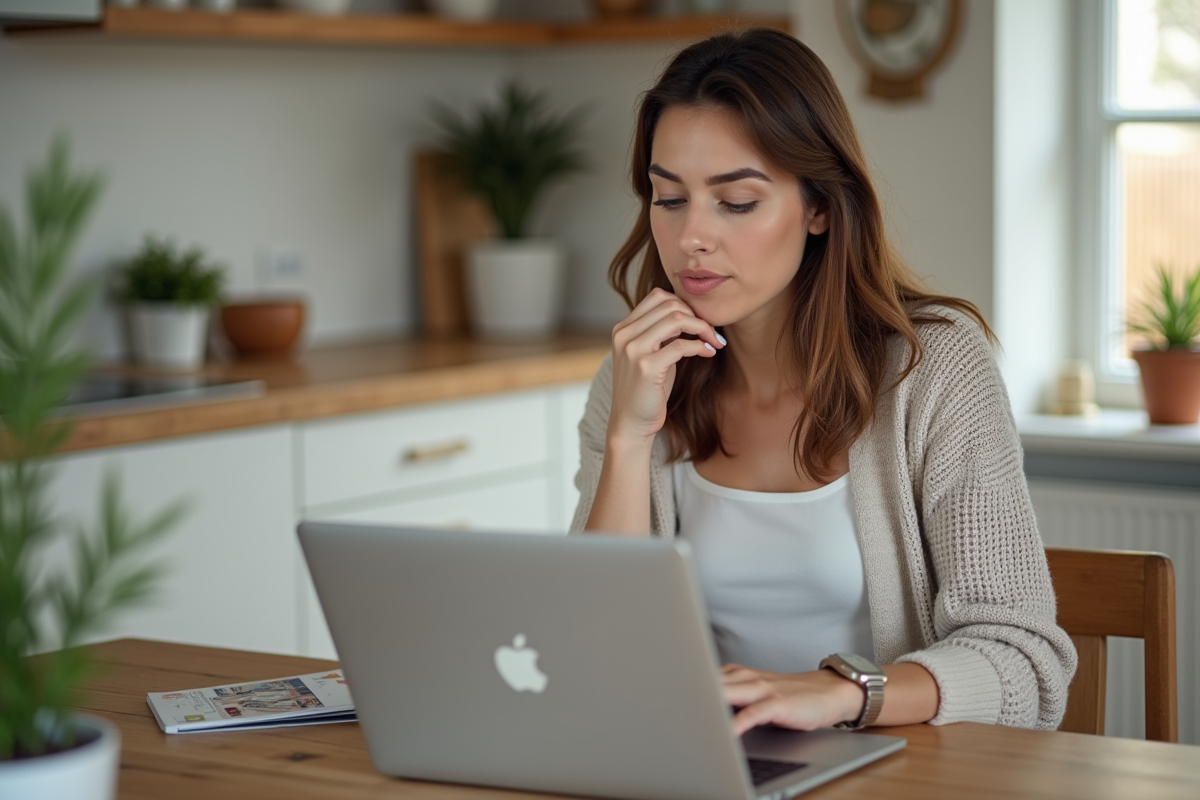 Femme détendue vérifiant une réservation Airbnb sur son ordinateur