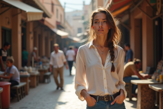 Jeune femme observant un marché à Marrakesh
