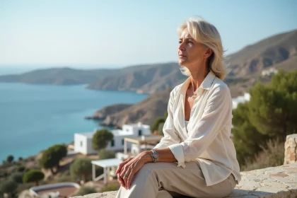 Femme m&eacute;diterran&eacute;enne assise sur une terrasse avec vue sur Karpathos