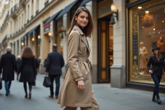 Jeune femme élégante rue Sainte Honoré à Paris mode