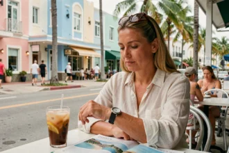 Femme consultant sa montre dans un café en plein air à Miami South Beach, bâtiments Art Déco en arrière-plan