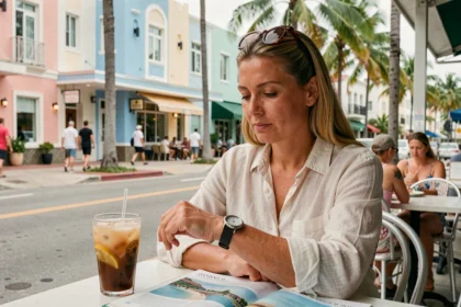 Femme consultant sa montre dans un café en plein air à Miami South Beach, bâtiments Art Déco en arrière-plan