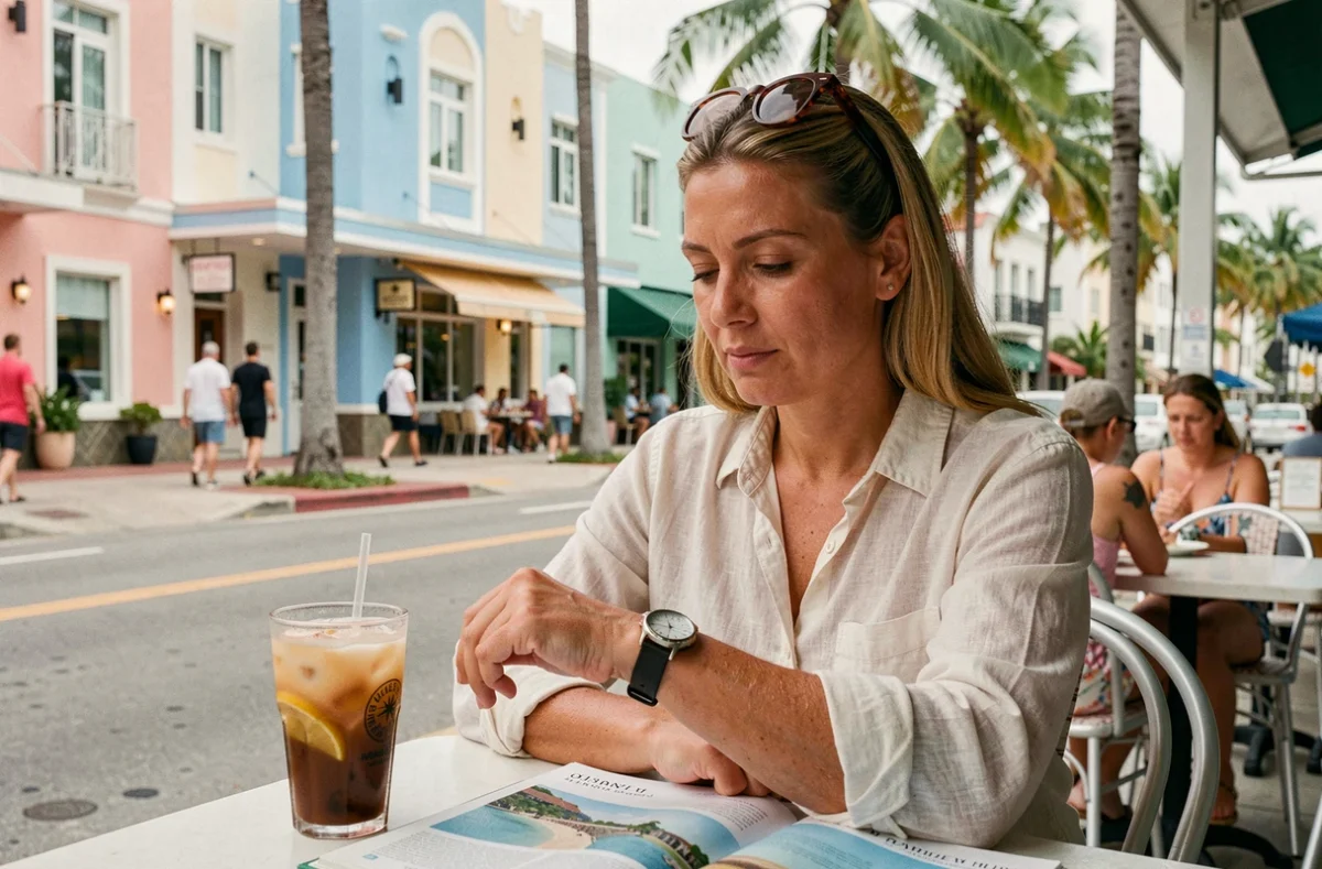 Femme consultant sa montre dans un café en plein air à Miami South Beach, bâtiments Art Déco en arrière-plan