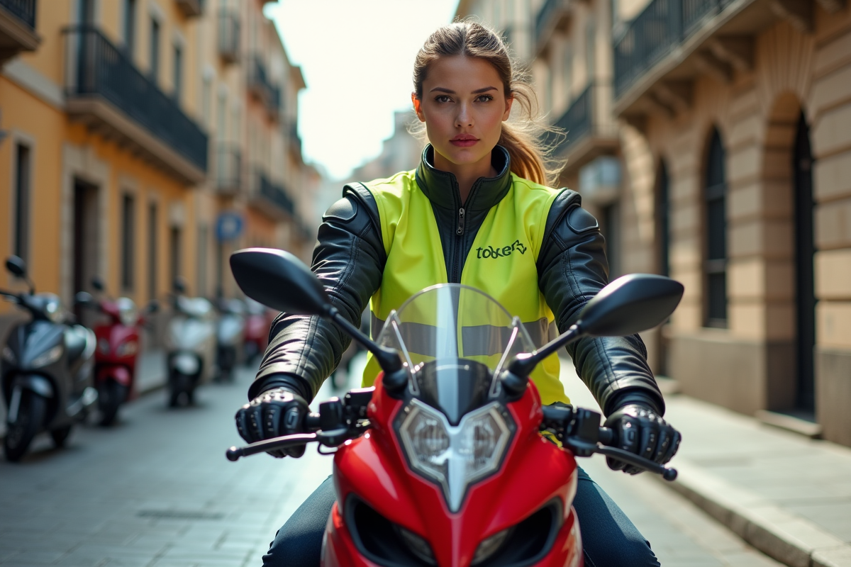 Jeune femme en moto urbaine portant gants et veste haute visibilité