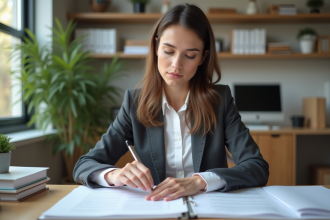 Jeune femme organisée dans son bureau avec documents