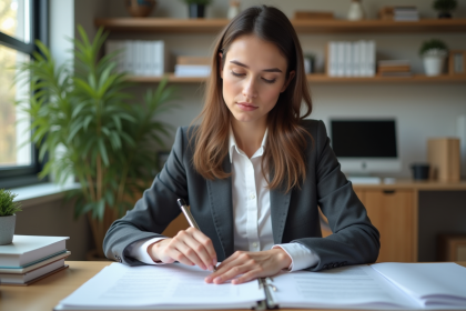 Jeune femme organis&eacute;e dans son bureau avec documents