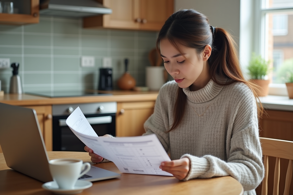 Jeune femme vérifiant ses papiers à la maison