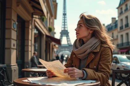 Jeune femme &agrave; Paris regardant la Tour Eiffel