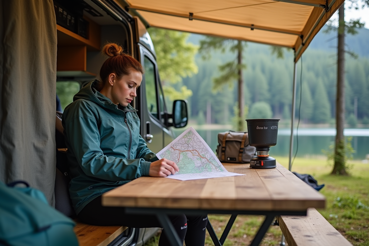 Jeune femme vérifiant une carte sur une table de camping