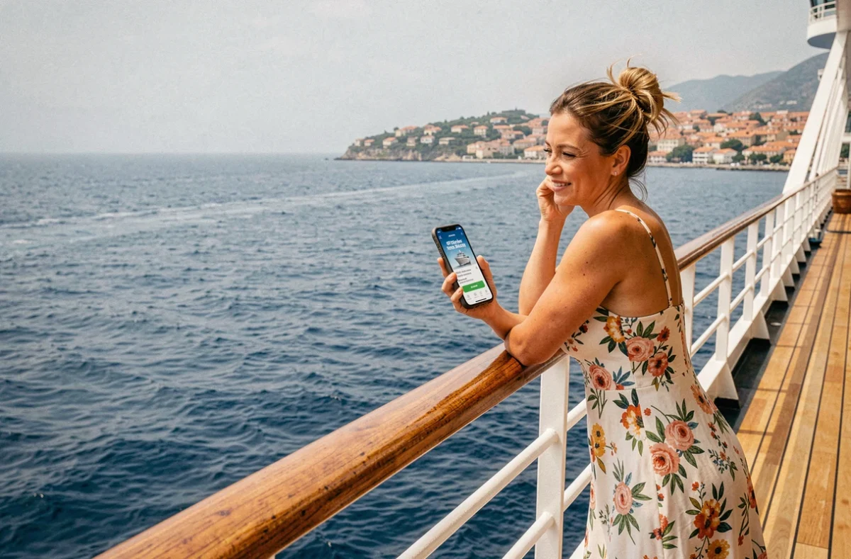 Femme sur le pont d'un paquebot consultant une application de promotions pour croisières en mer Méditerranée