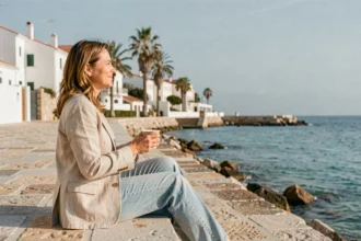 Femme détendue sur une promenade méditerranéenne ensoleillée en hiver en Espagne, tenant un café devant une mer turquoise et des bâtiments blancs