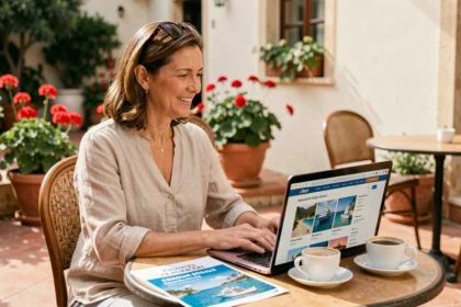 Femme consultant des offres de croisières en promotion sur son ordinateur portable en terrasse