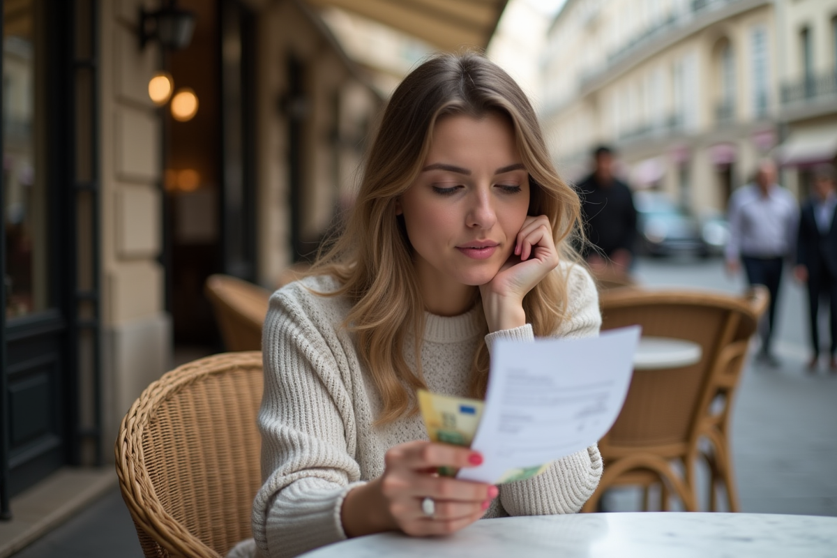 Jeune femme examinant la note dans un café parisien