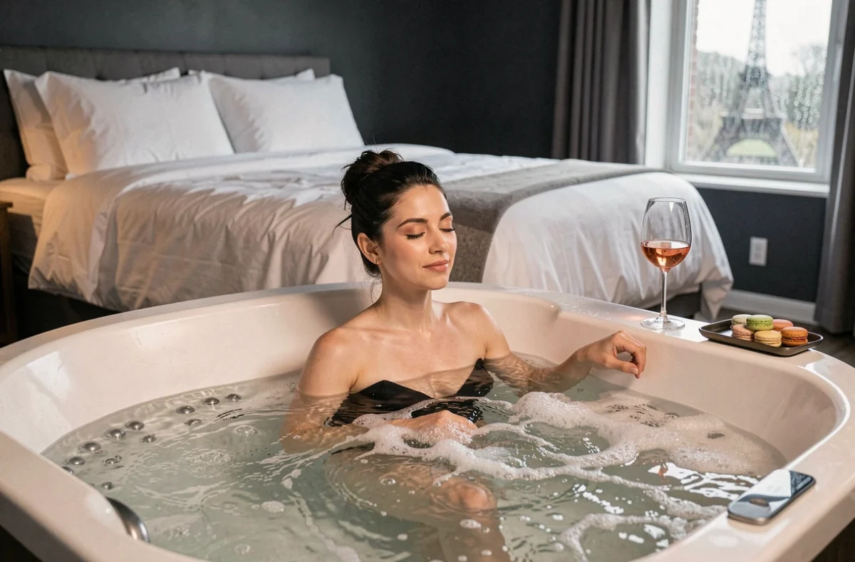 Femme se relaxant dans un jacuzzi privatif d'une suite d'hôtel parisienne