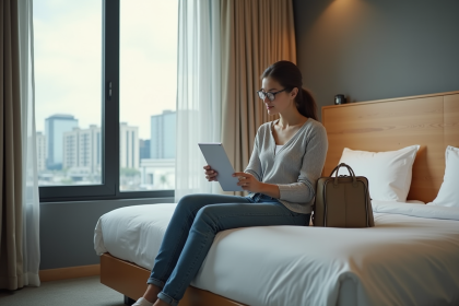 Jeune femme v&eacute;rifiant une facture dans une chambre d'h&ocirc;tel