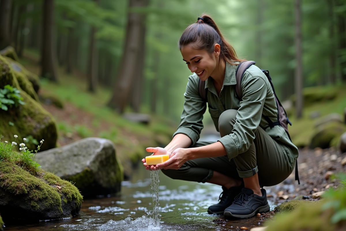 Jeune femme en nature avec savon naturel au bord de l'eau