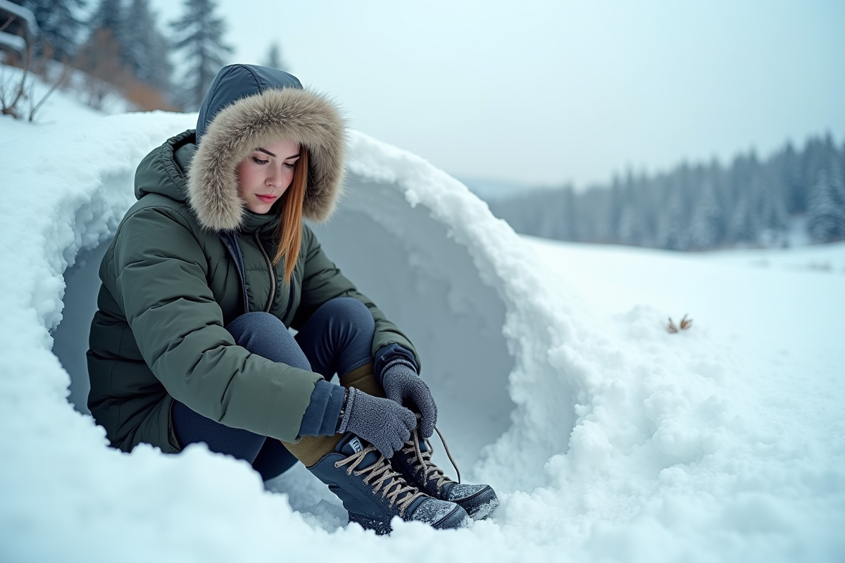 Jeune femme dans un abri de neige en pleine nature