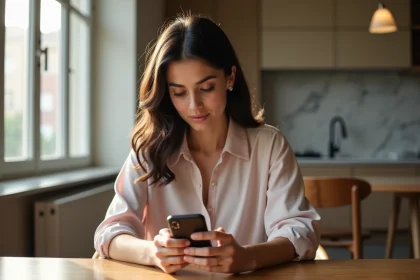Femme regardant son smartphone dans un appartement italien