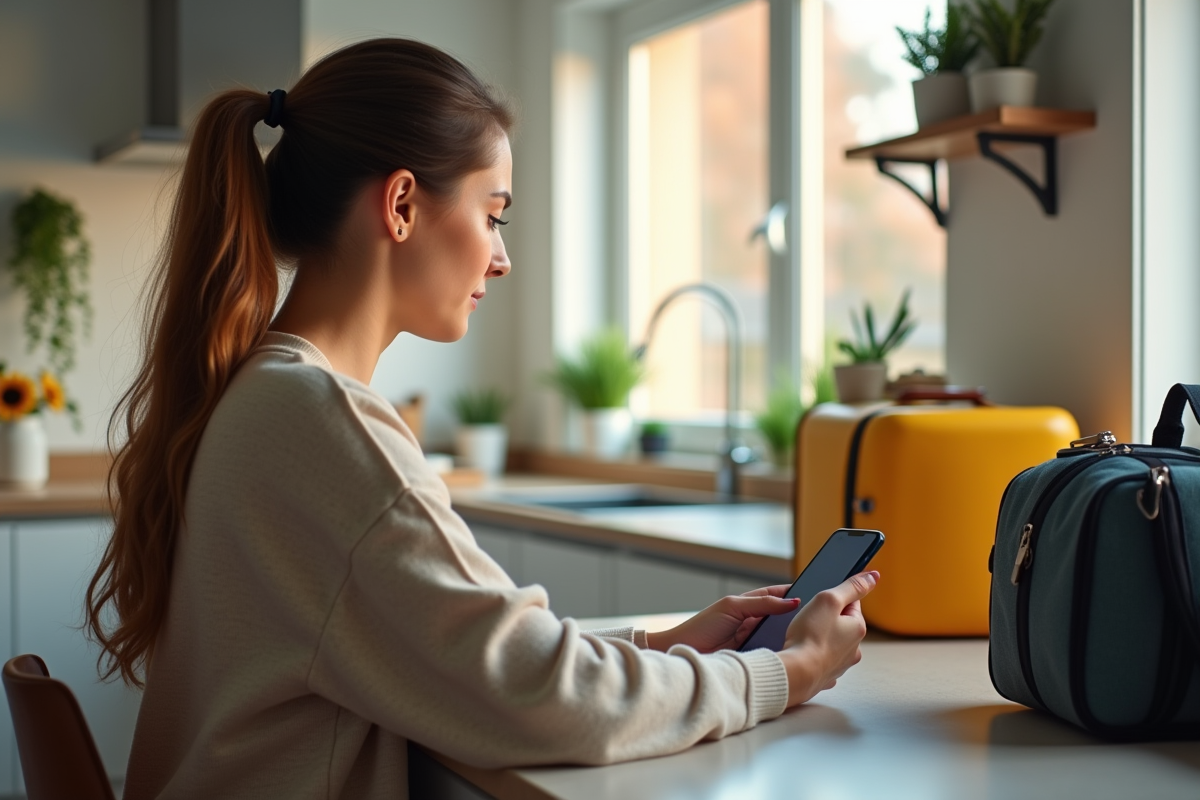 Jeune femme utilisant son smartphone pour BlaBlaCar dans une cuisine lumineuse