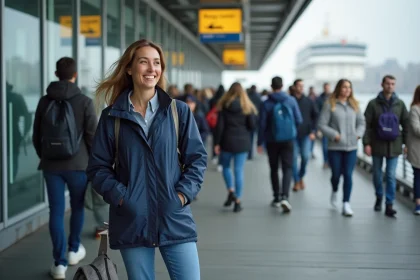 Femme souriante au terminal Staten Island Ferry
