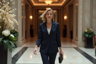 Femme élégante en tailleur navy dans un hall d'hôtel