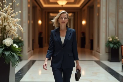 Femme &eacute;l&eacute;gante en tailleur navy dans un hall d'h&ocirc;tel