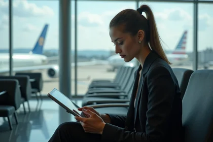 Jeune femme professionnelle utilisant une tablette &agrave; l'a&eacute;roport