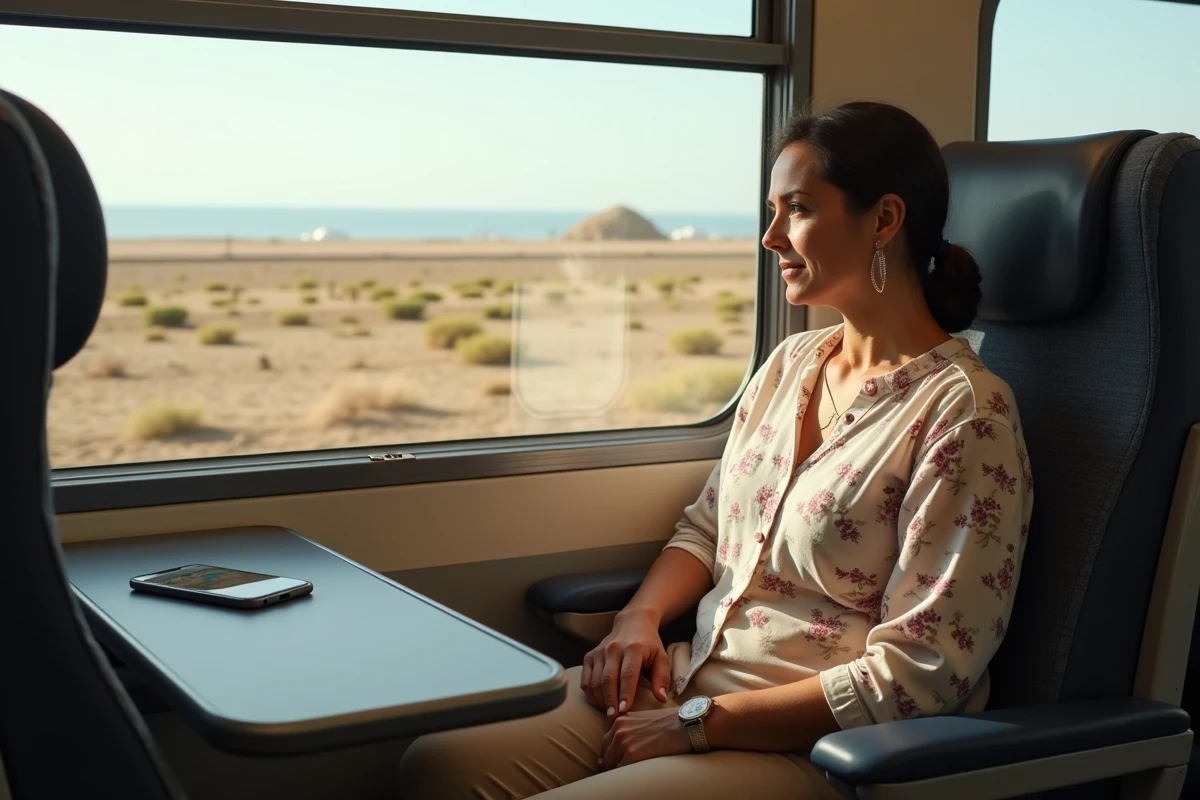 Femme tunisienne en train regardant le paysage côtier par la fenêtre lors d'un trajet entre Monastir et Tunis