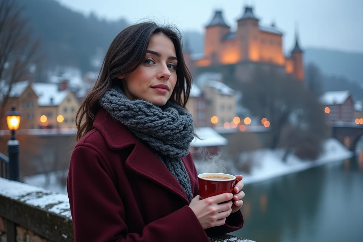 Jeune femme sur le Vieux Pont de Heidelberg tenant un vin chaud en hiver avec vue sur le château et la vieille ville enneigée