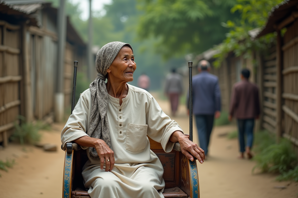 Femme âgée dans un village rural assise dans un poussepousse