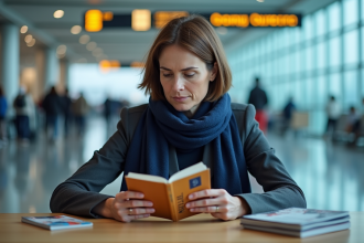 Femme regardant son document d'identite en terminal aeroport