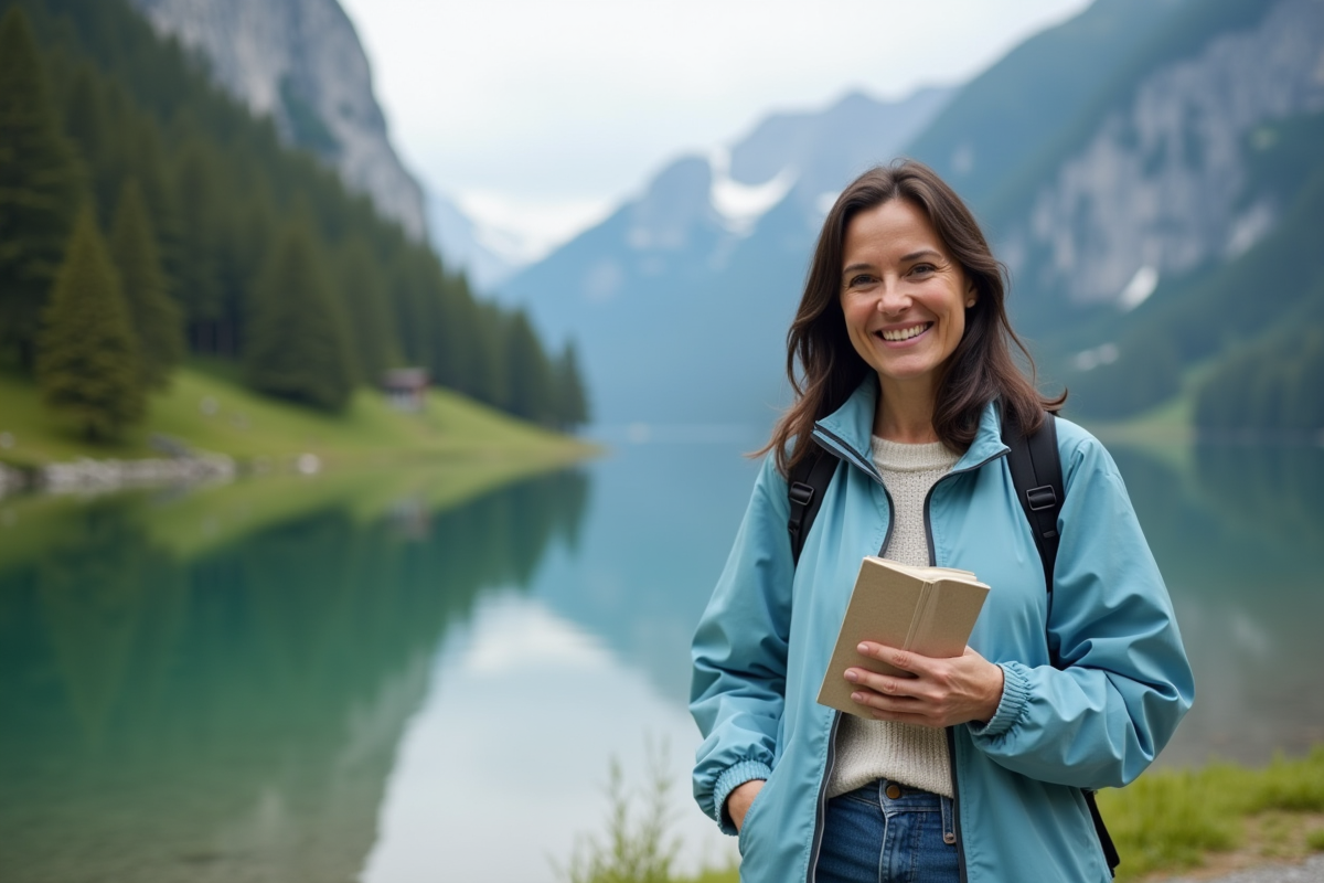 Femme souriante en plein air près d'un lac alpin avec guide