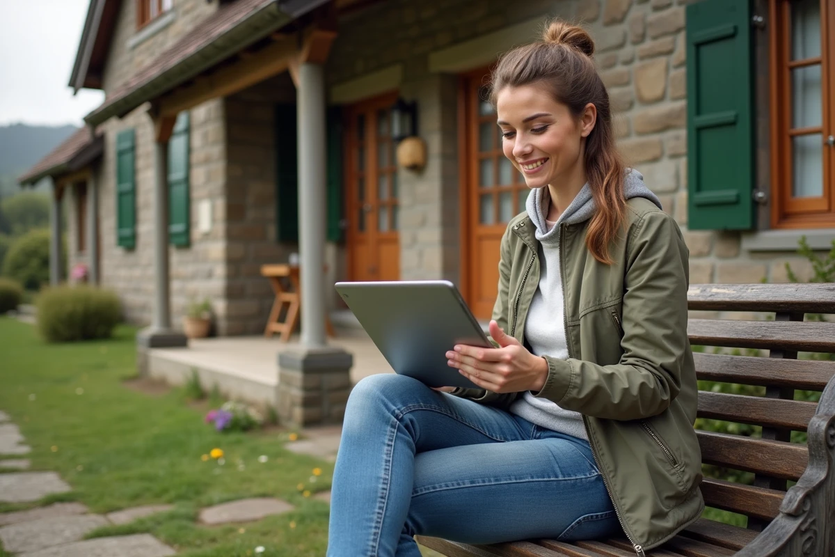 Femme seule regardant son carnet en campagne