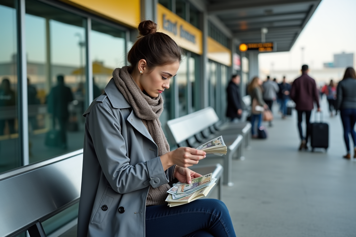 Jeune femme vérifiant des billets de différentes devises dehors
