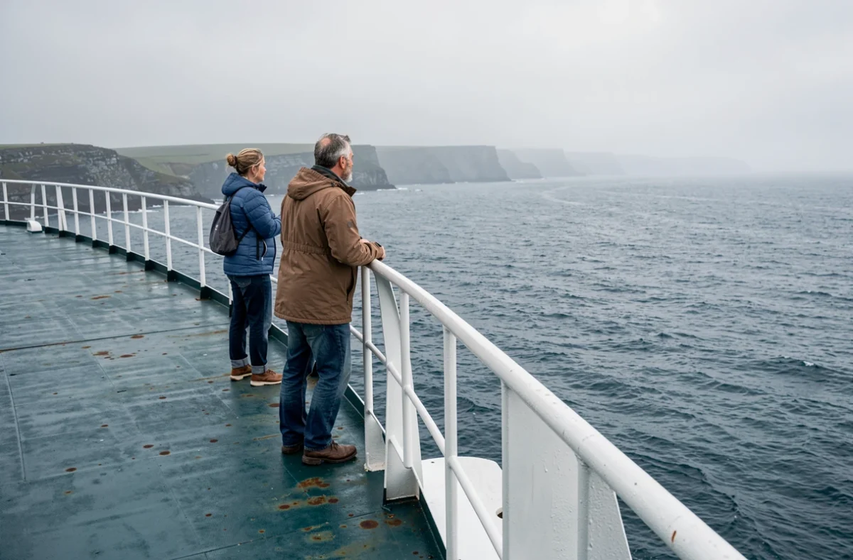 Couple de voyageurs sur le pont d'un ferry traversant la mer d'Irlande, vue sur les falaises irlandaises au loin