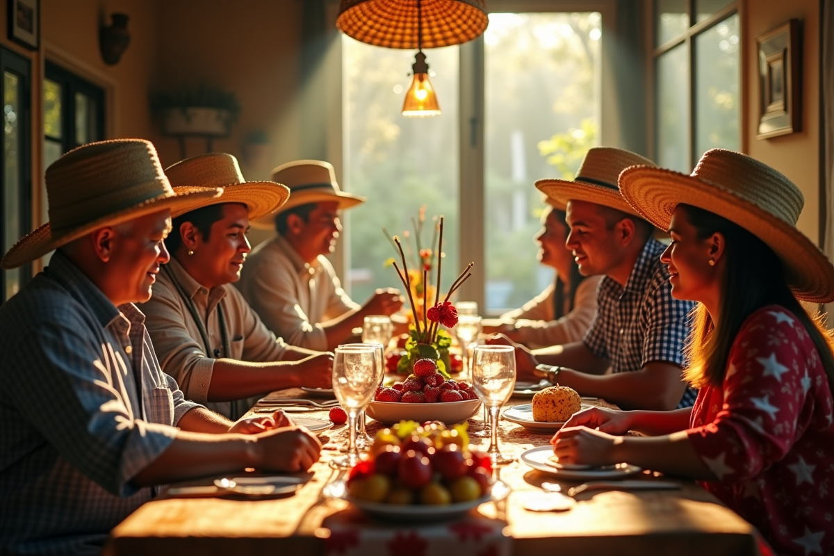 Fête Junina en famille avec repas et décor rural