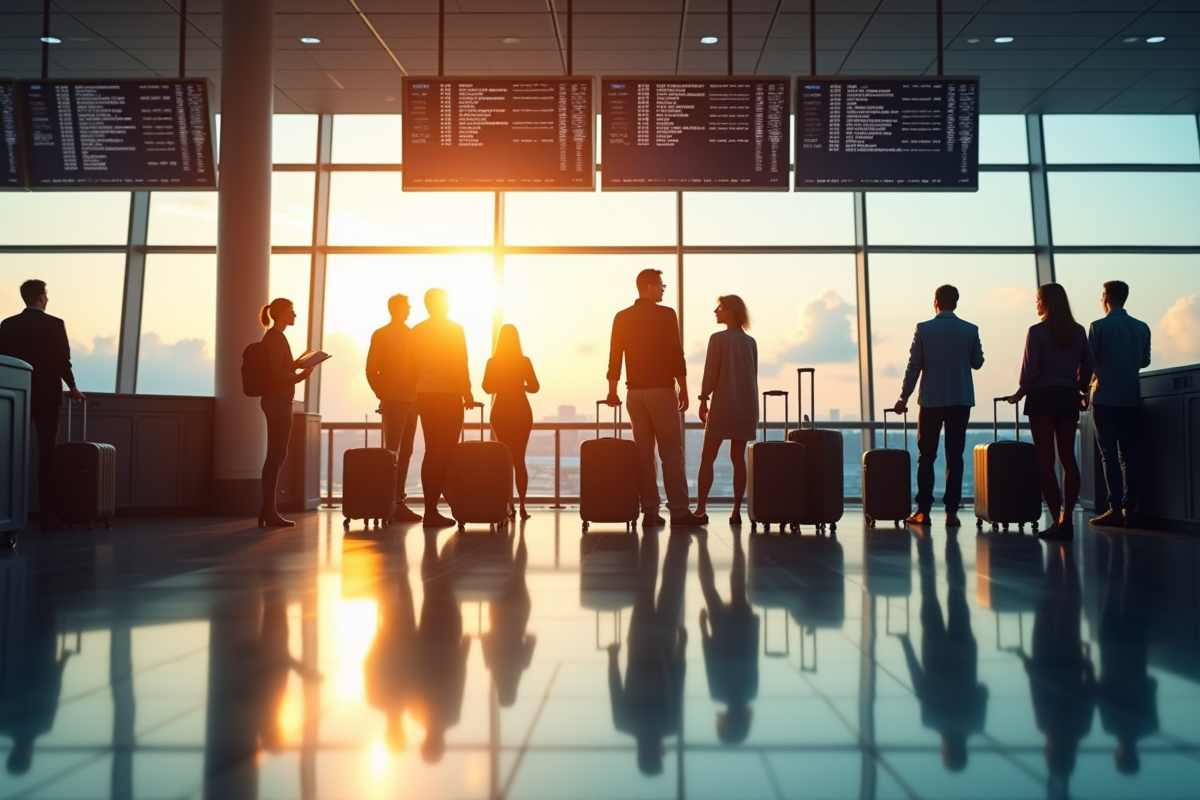 Voyageurs en file d attente à l aéroport avec valises et écrans d information
