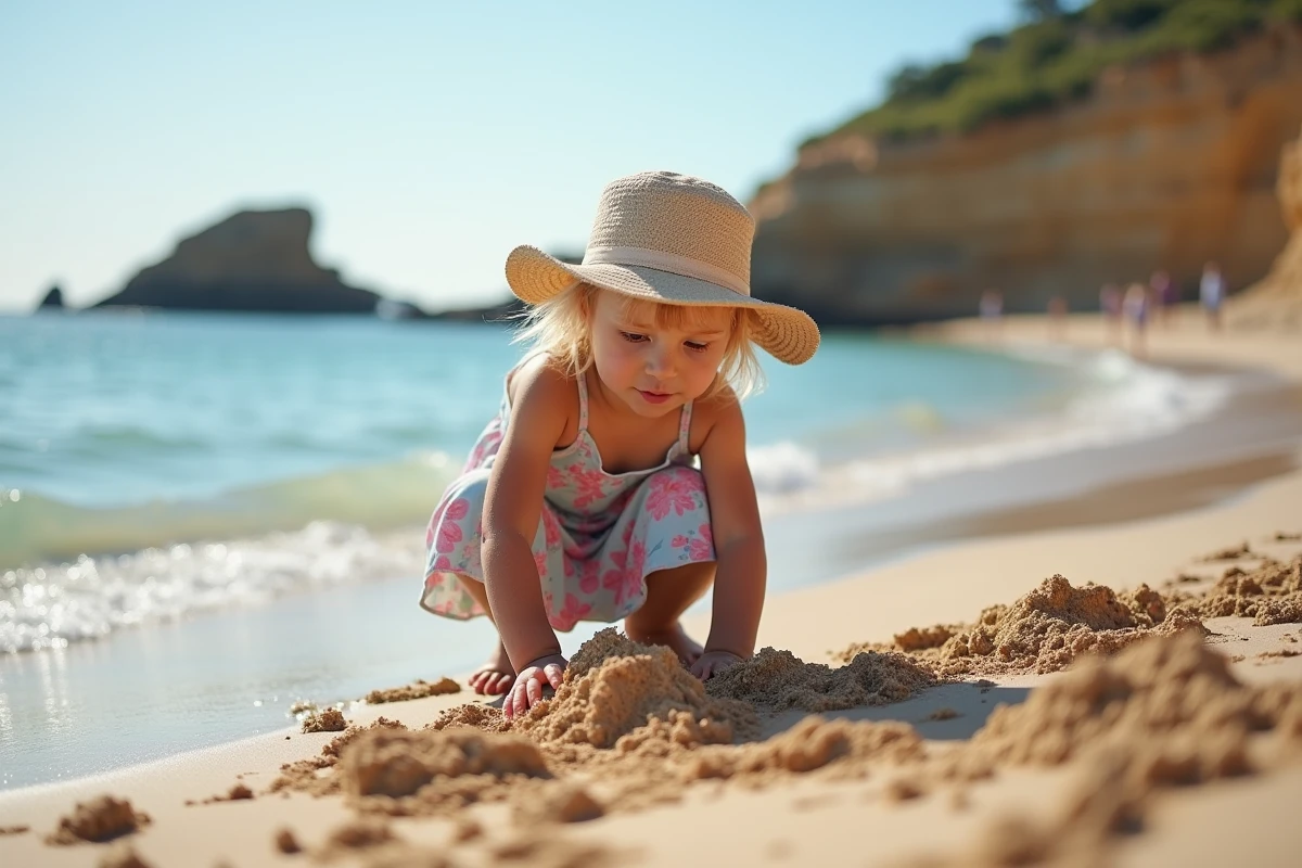 Jeune fille construisant un château de sable à la plage