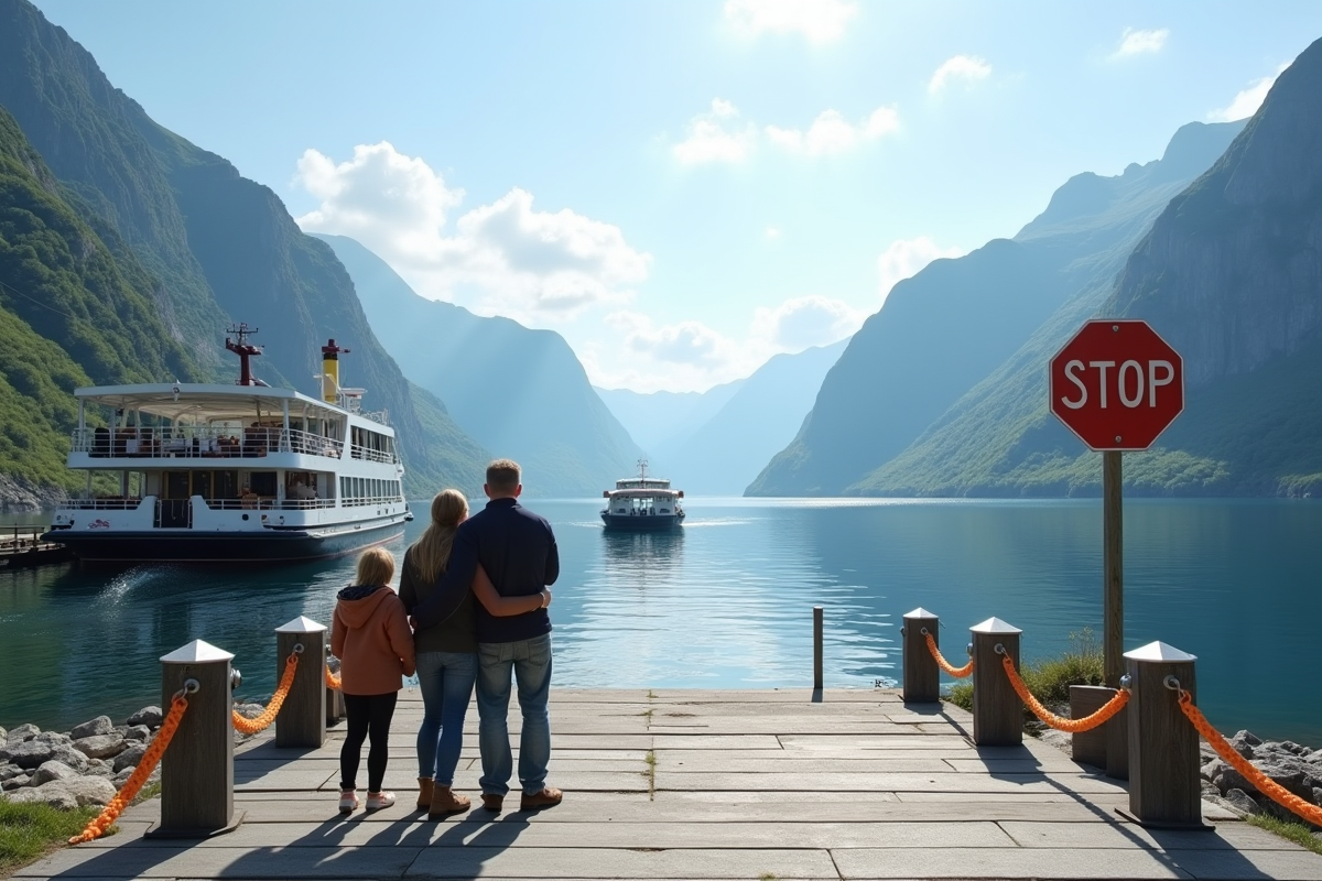 Famille de touristes souriants sur un fjord norvegien avec ferry et panneaux de sécurité