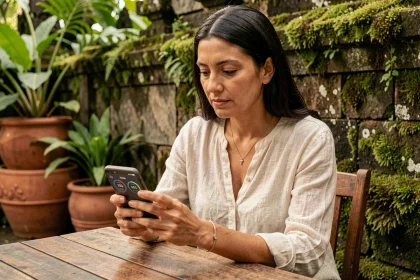 Femme consultant les fuseaux horaires entre Paris et Bali sur son smartphone dans un café traditionnel à Ubud
